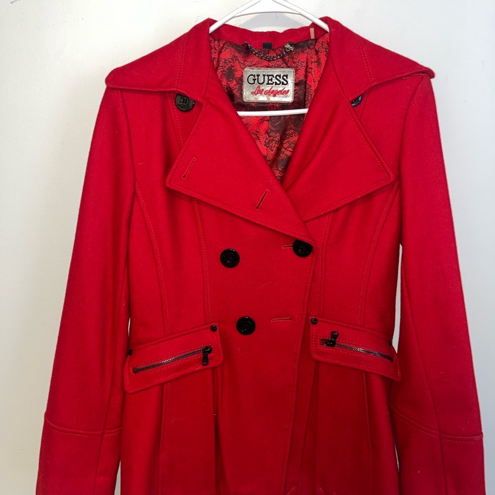 Guess Red Trench Coat Double-Breasted Style
